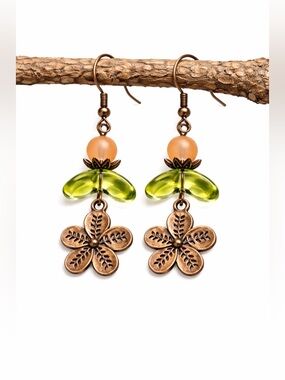 Hand Crafted Floral Green and Orange Earrings